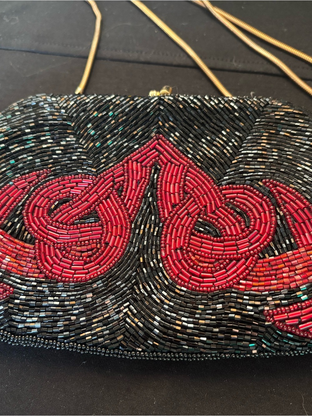 Nordstrom Black and Red Beaded Evening Clutch with Gold Chain